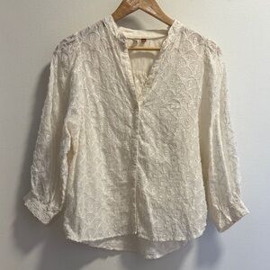 Pilcro Cream Embroidered V-Neck Button-Front Blouse